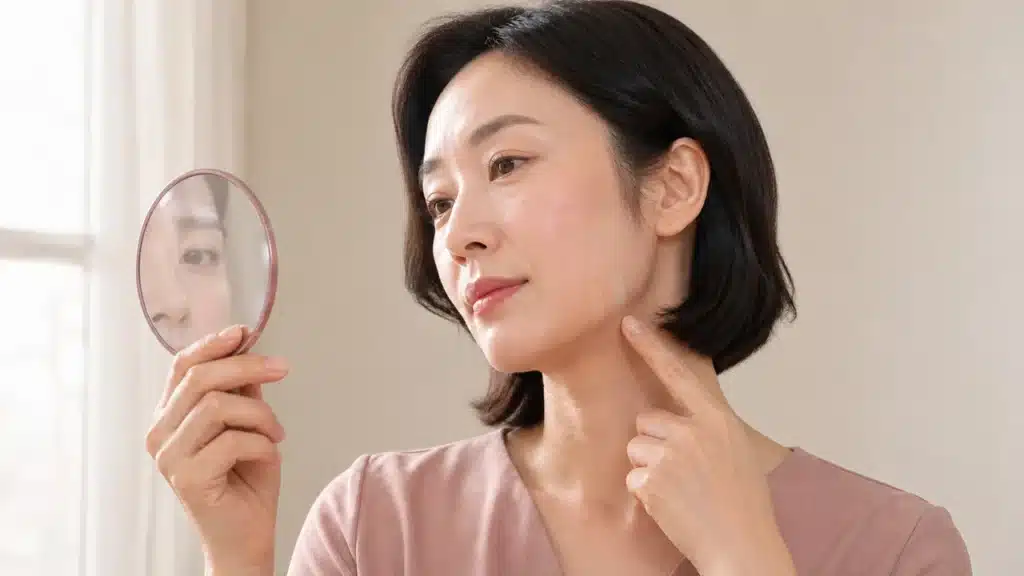 창가 자연광에서 턱선의 쿠션 색상 두 가지를 비교하는 여성