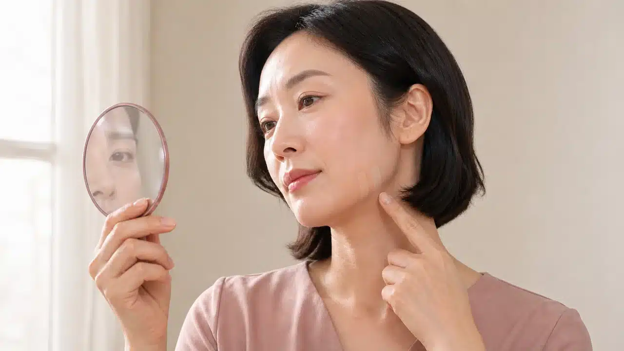 창가 자연광에서 턱선의 쿠션 색상 두 가지를 비교하는 여성