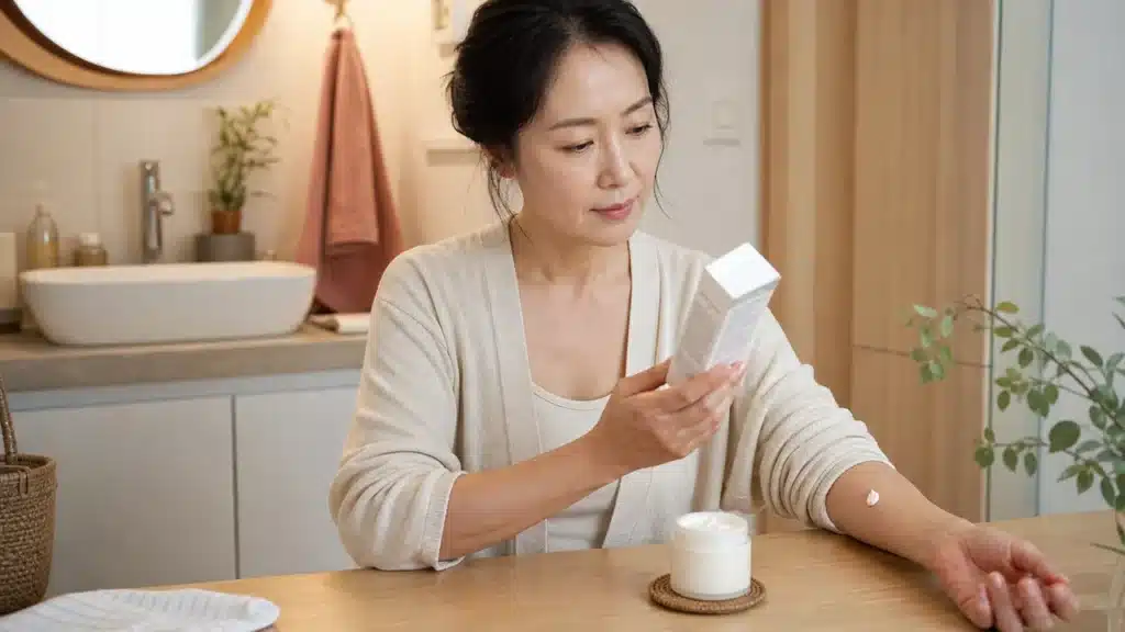화장대에서 보습크림 라벨을 확인하고 팔 안쪽에 소량 시험하는 여성