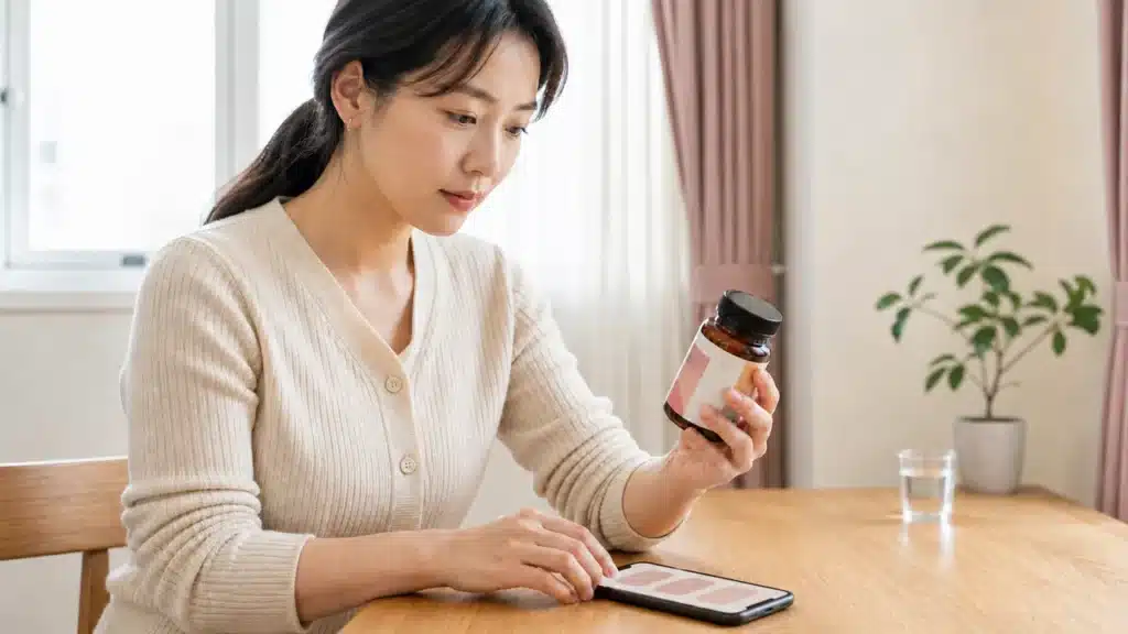 비오틴 영양제 라벨과 혈액검사 일정을 확인하는 여성