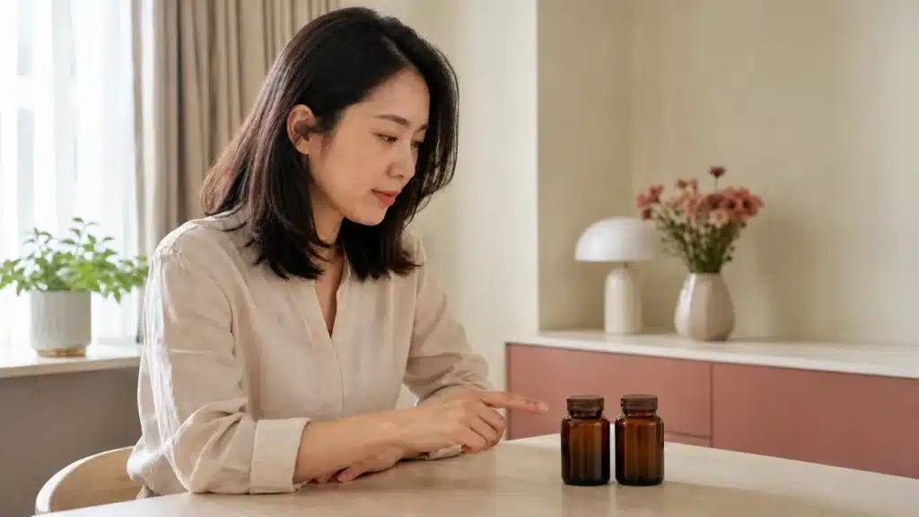 비오틴과 판토텐산 복합 영양제 두 병을 비교하는 여성