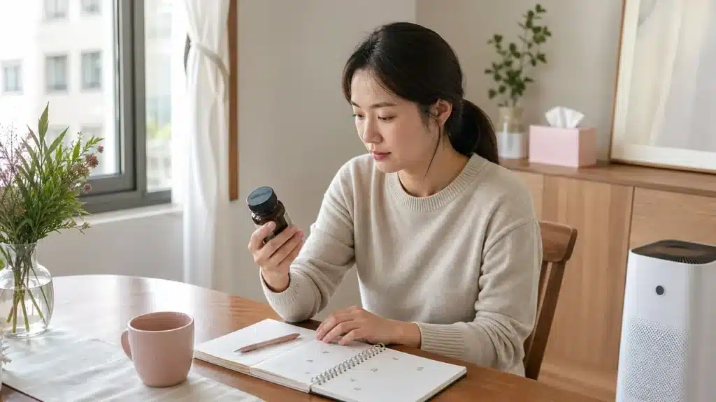 창가 식탁에서 비염 증상 기록과 영양제 라벨을 대조하는 여성