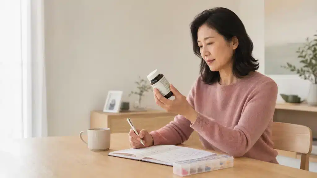 영양제 라벨과 복용 기록을 함께 확인하는 중년 여성
