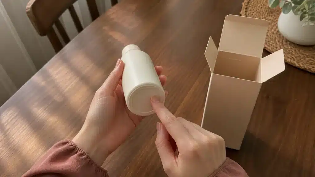 배송받은 화장품 용기 바닥과 포장을 확인하는 손
