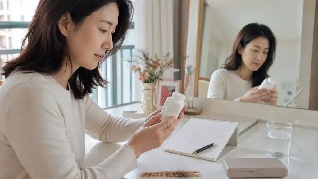 화장대에서 영양제 라벨과 탈모 진료 기록을 함께 확인하는 여성