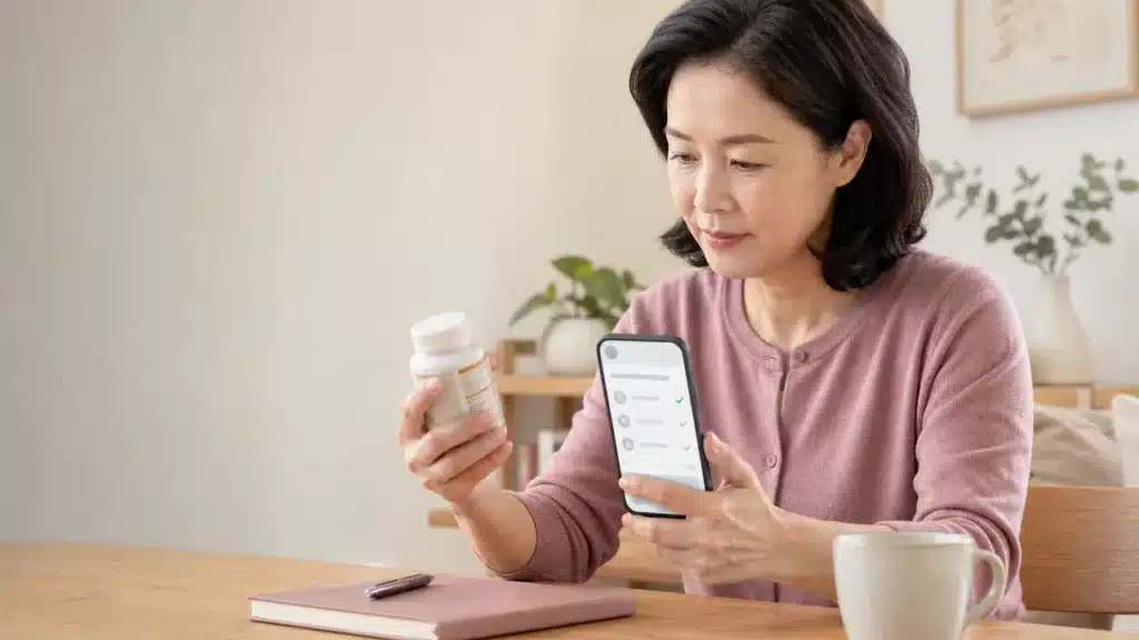 스마트폰 제품 조회 화면과 영양제 라벨을 대조하는 여성