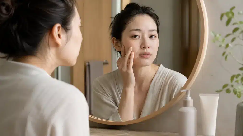 세안 후 거울 앞에서 피부 상태와 화장품 라벨을 확인하는 여성
