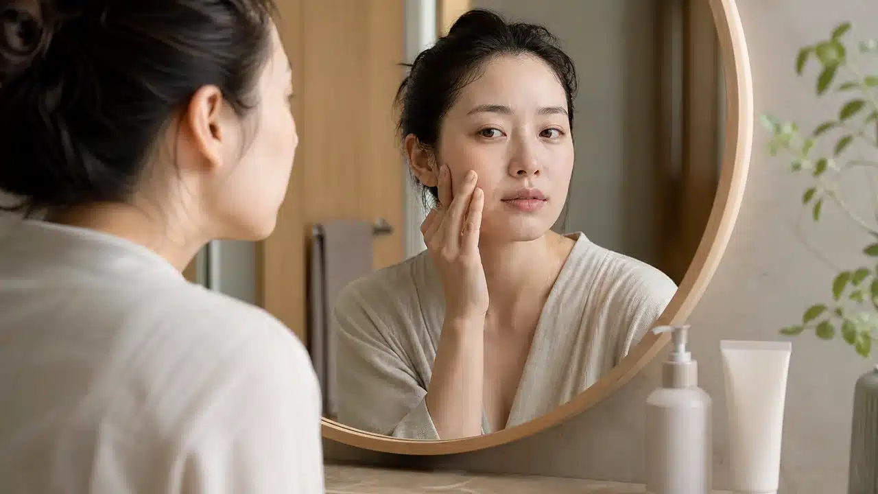 세안 후 거울 앞에서 피부 상태와 화장품 라벨을 확인하는 여성