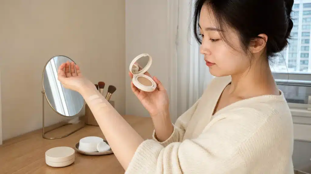 화장대에서 쿠션 파운데이션 색상표를 팔에 비교하는 여성