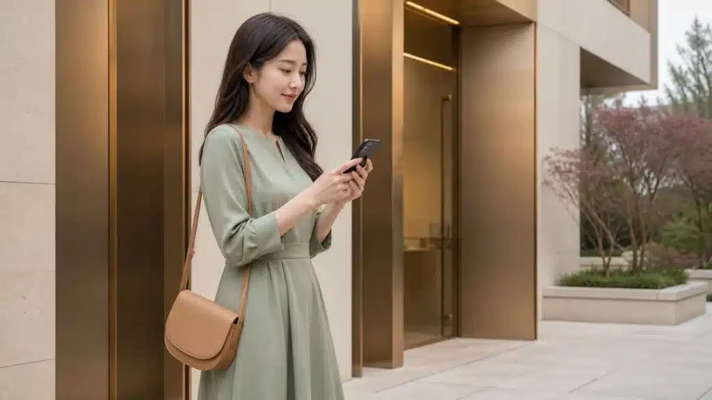뷰티 플래그십 방문 전 휴대전화로 안내를 확인하는 여성