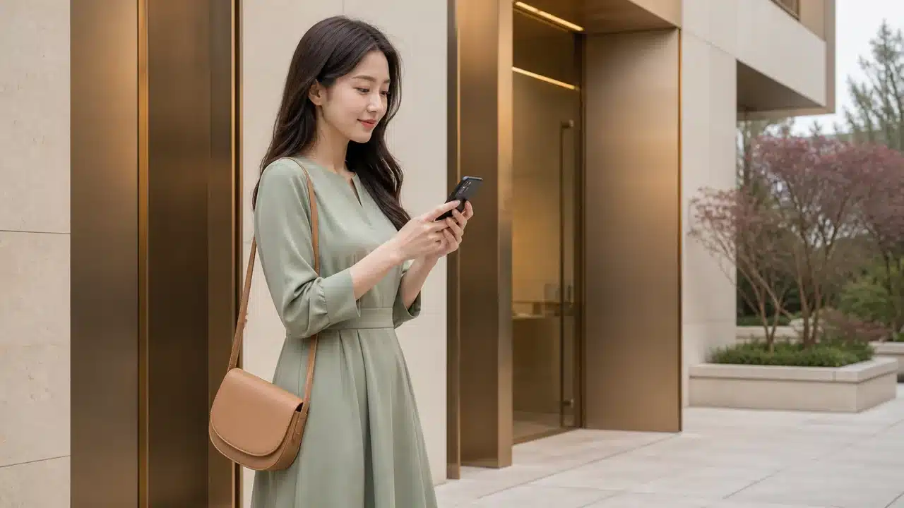 뷰티 플래그십 방문 전 휴대전화로 안내를 확인하는 여성