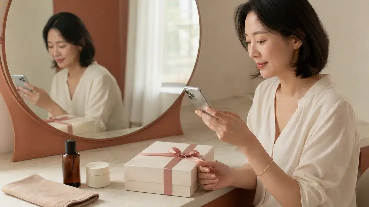 화장대에서 스마트폰으로 선물 조건을 확인하며 화장품 선물을 준비하는 여성