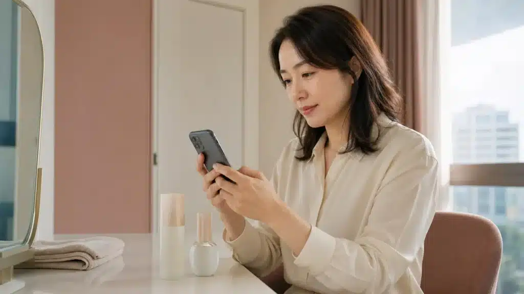 화장대에서 스마트폰으로 화장품 구매 조건을 비교하는 여성