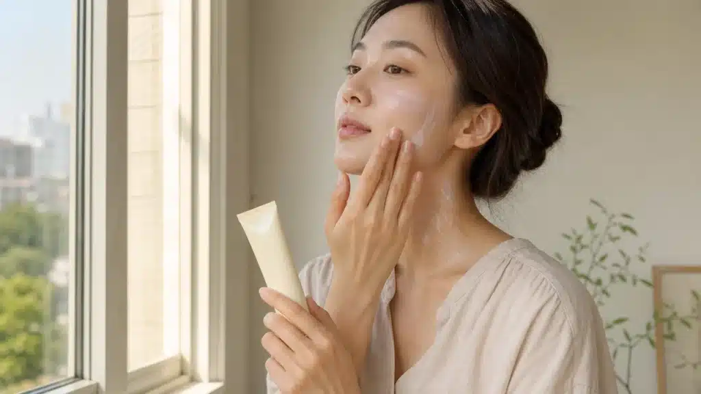 창가에서 얼굴과 목에 자외선 차단제를 바르는 여성