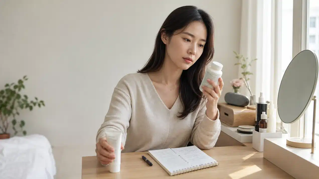 창가에서 영양제 라벨과 자외선 차단제를 함께 확인하는 여성