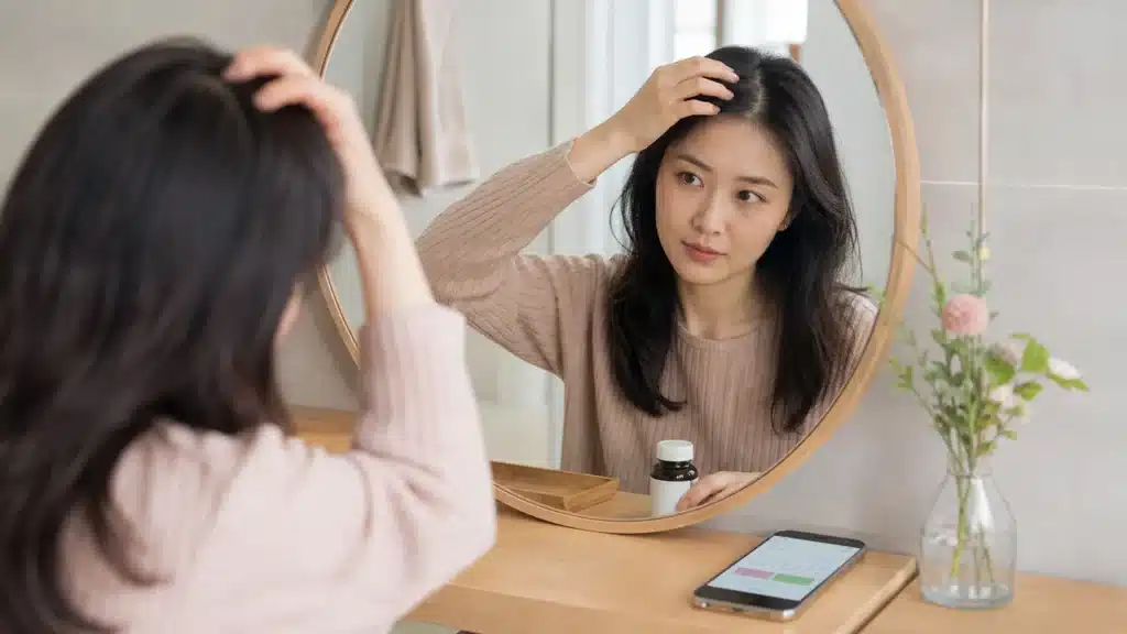 화장대에서 머리 가르마와 영양제 라벨을 함께 확인하는 여성