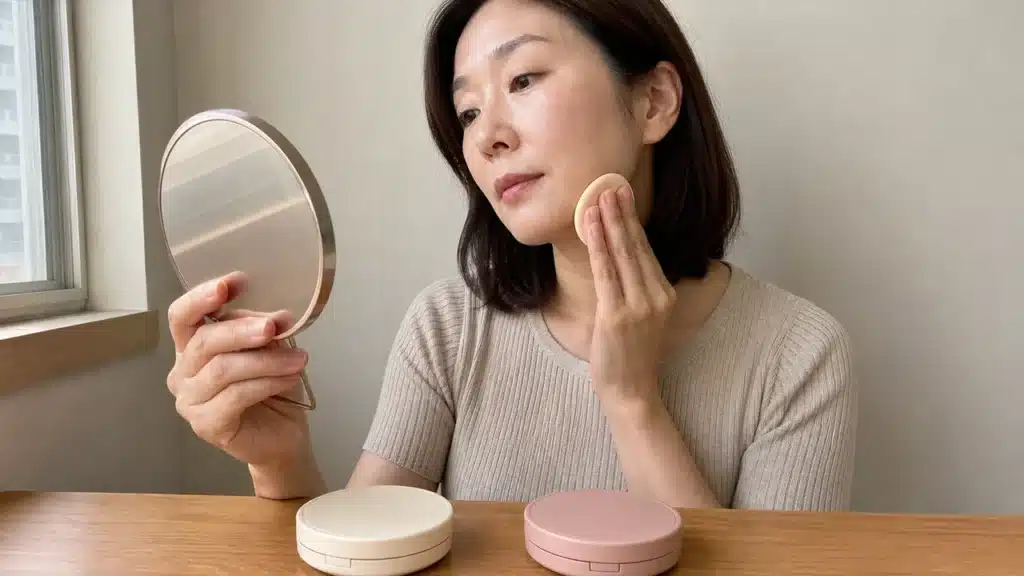 자연광 화장대에서 두 쿠션의 피부 표현을 비교하는 여성