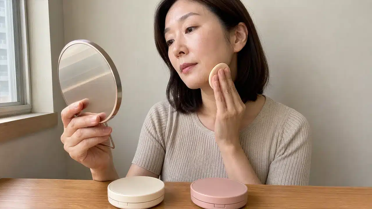 자연광 화장대에서 두 쿠션의 피부 표현을 비교하는 여성