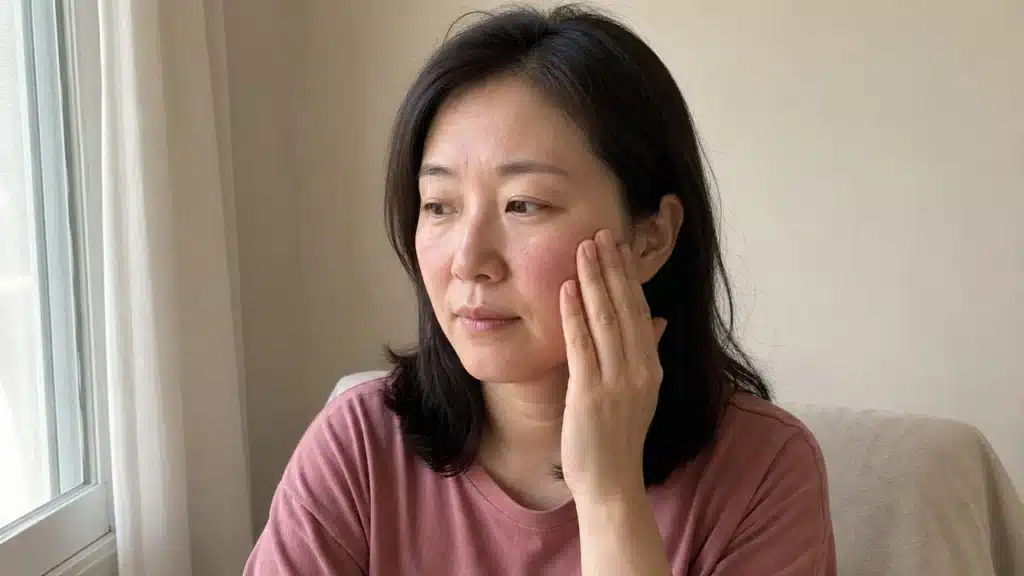 창가에서 한쪽 볼의 열감과 붉은기를 살펴보는 여성