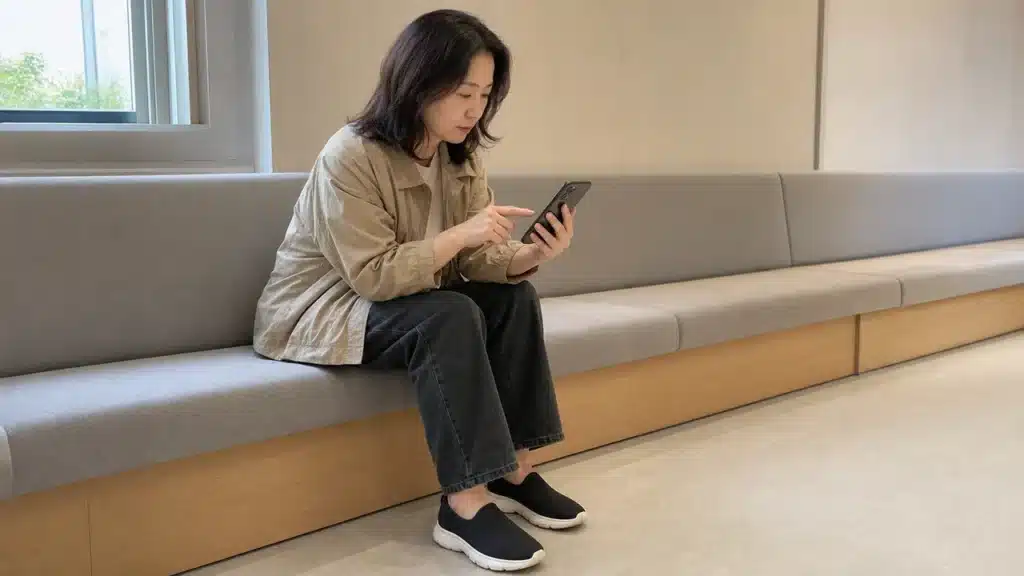 병원 대기 공간에서 스마트폰으로 처방 정보를 확인하는 여성