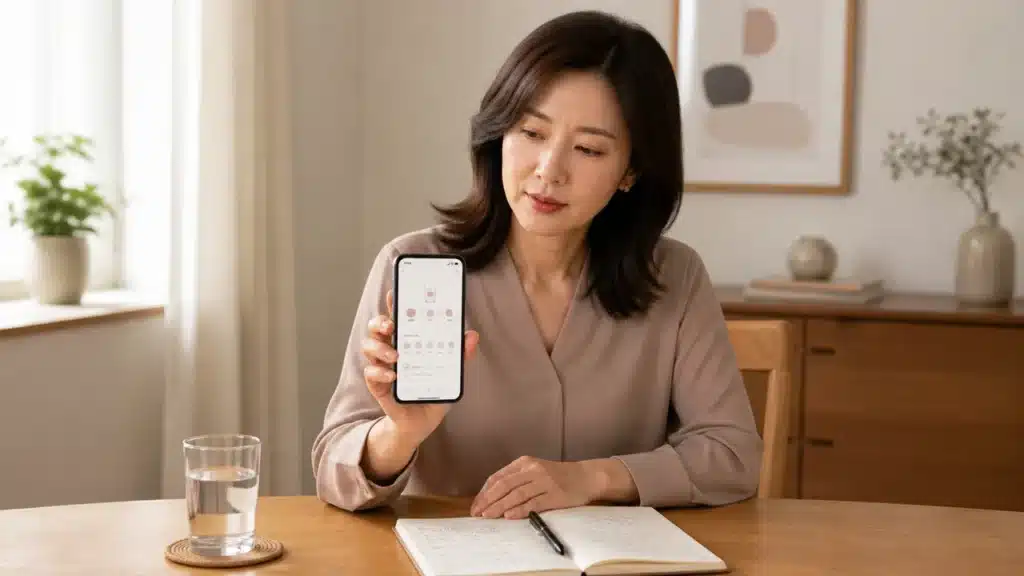 스마트폰 증상 기록과 물 섭취 상태를 확인하는 여성