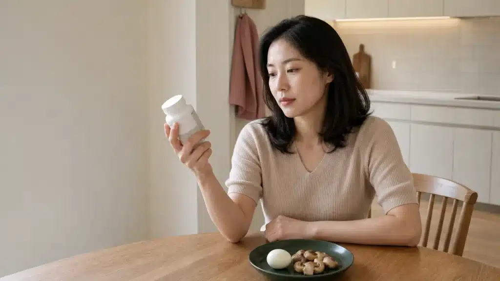 식탁에서 판토텐산 영양제 라벨을 확인하는 여성