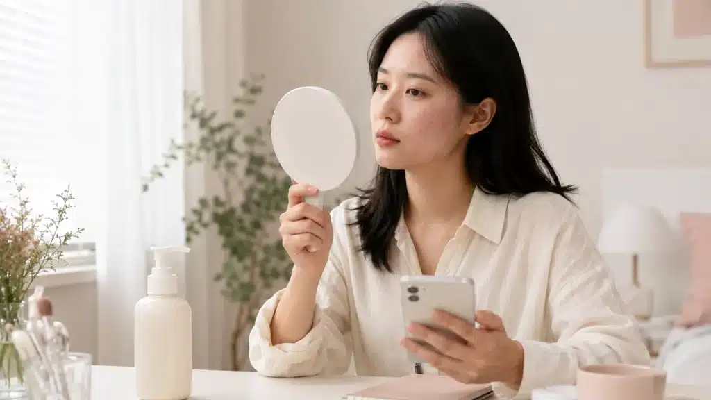 거울로 피부 상태를 확인하고 관리 기록을 남기는 여성