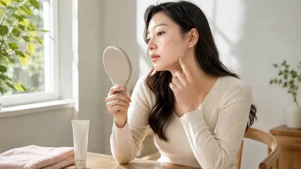 창가에서 얼굴의 건조한 부위를 살피는 여성