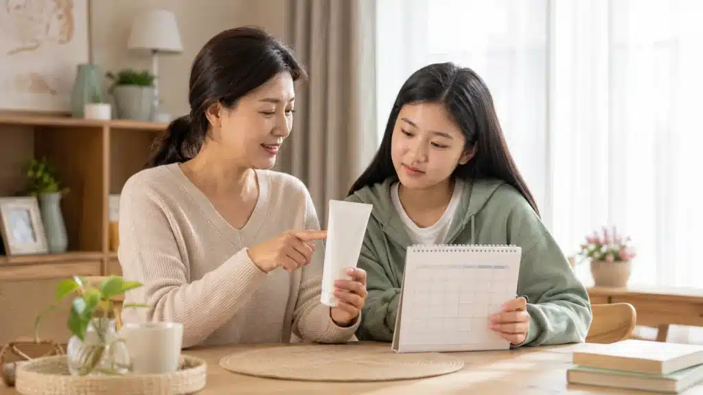 튼살 크림과 사용 기간을 함께 확인하는 엄마와 청소년