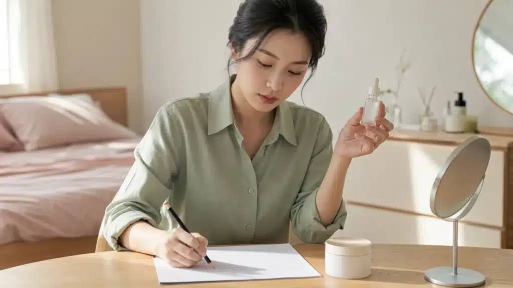 세럼을 들고 4주 피부 관리 기록을 작성하는 여성