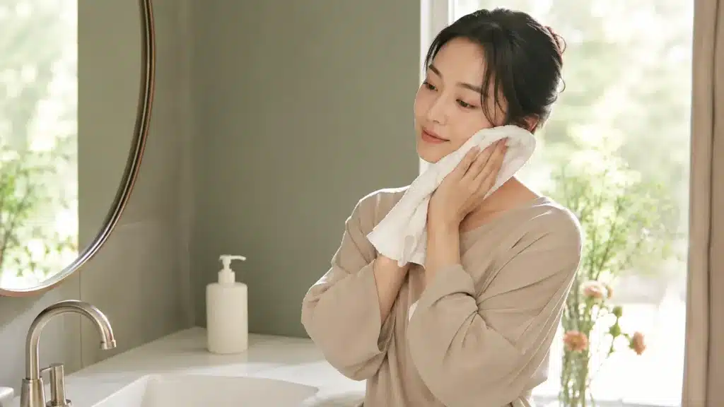 세안 후 부드러운 수건으로 얼굴을 눌러 닦는 여성