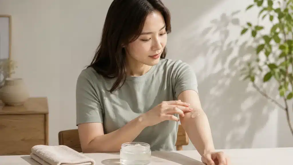 알로에베라겔을 팔에 소량 시험하는 여성