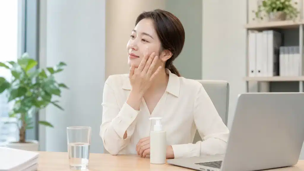 냉방 중인 사무실에서 가벼운 보습제를 바르는 여성