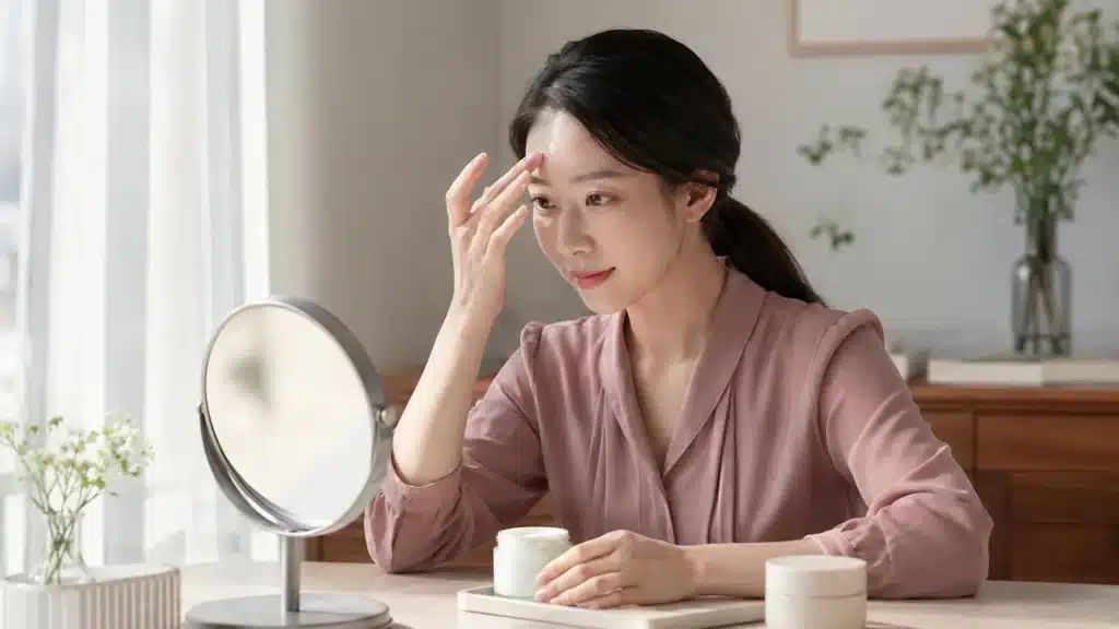 복합성 피부의 이마와 볼에 맞는 제형을 나누어 쓰는 여성