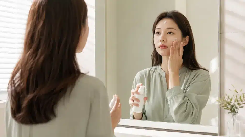한 보습제를 얼굴 부위별로 다른 양만큼 바르는 여성