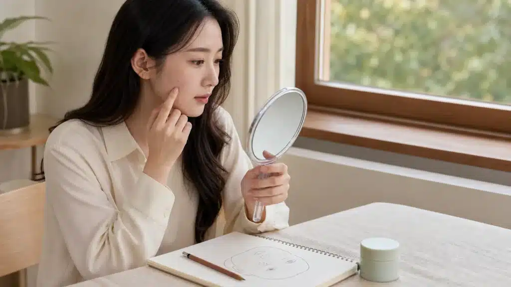 복합성 피부의 트러블 위치를 거울과 기록지로 확인하는 여성