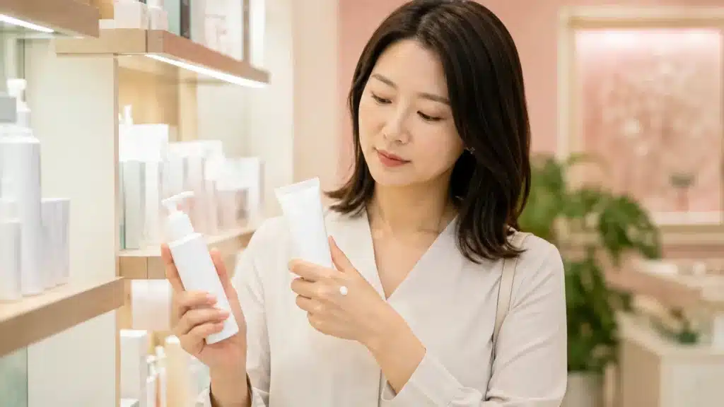 매장에서 수부지 피부용 보습제 제형을 비교하는 여성