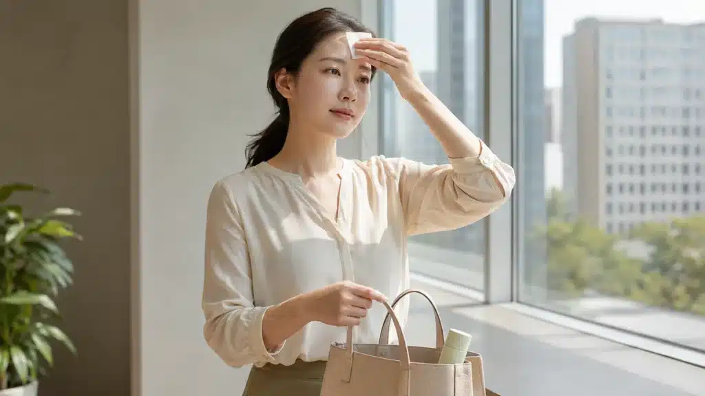 여름철 이마 유분을 기름종이로 가볍게 닦는 여성