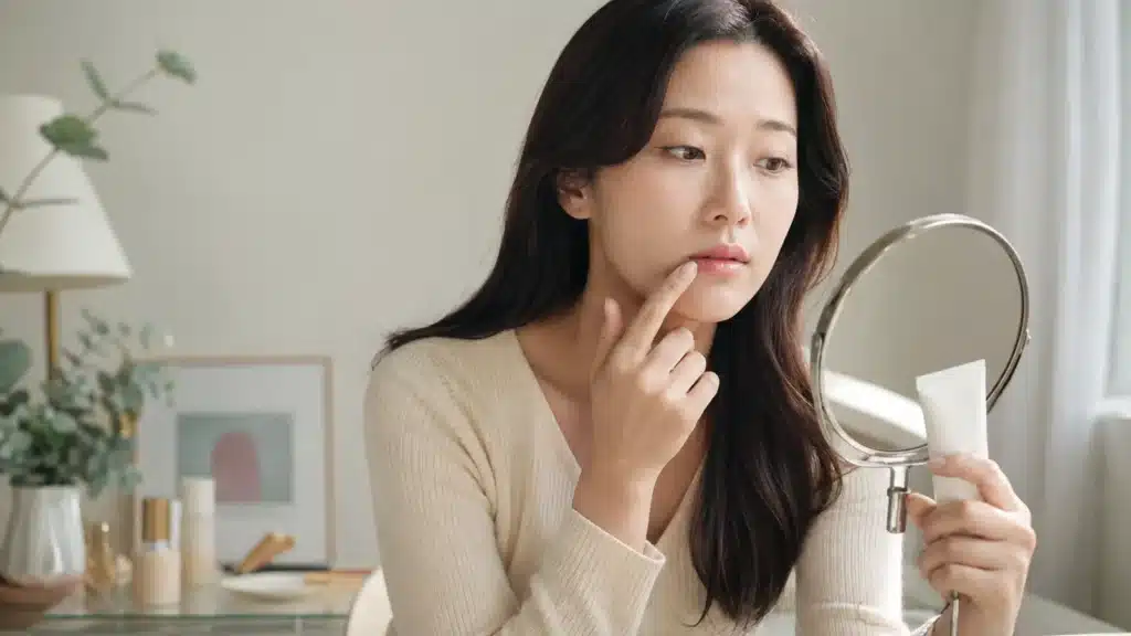 입주변 피부 상태와 사용할 보습제를 확인하는 여성