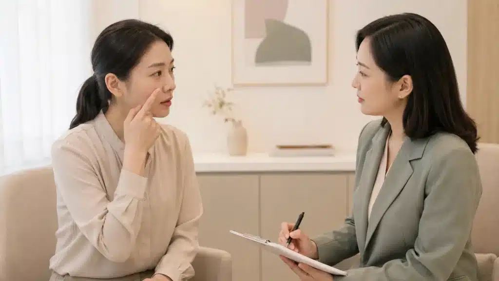 코옆 붉은기와 각질에 대해 상담받는 여성