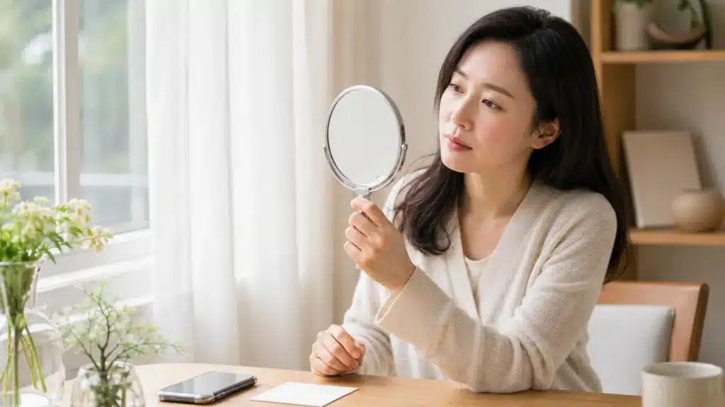 얼굴을 긁지 않고 가려운 부위의 모양을 살피는 여성