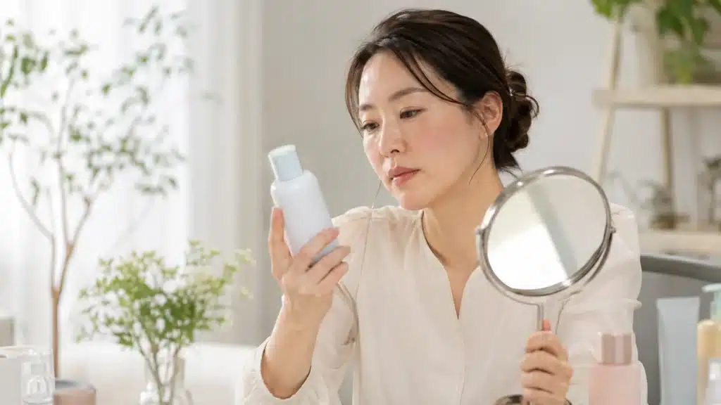붉어진 볼을 살피며 화장품 용기의 정보를 확인하는 여성
