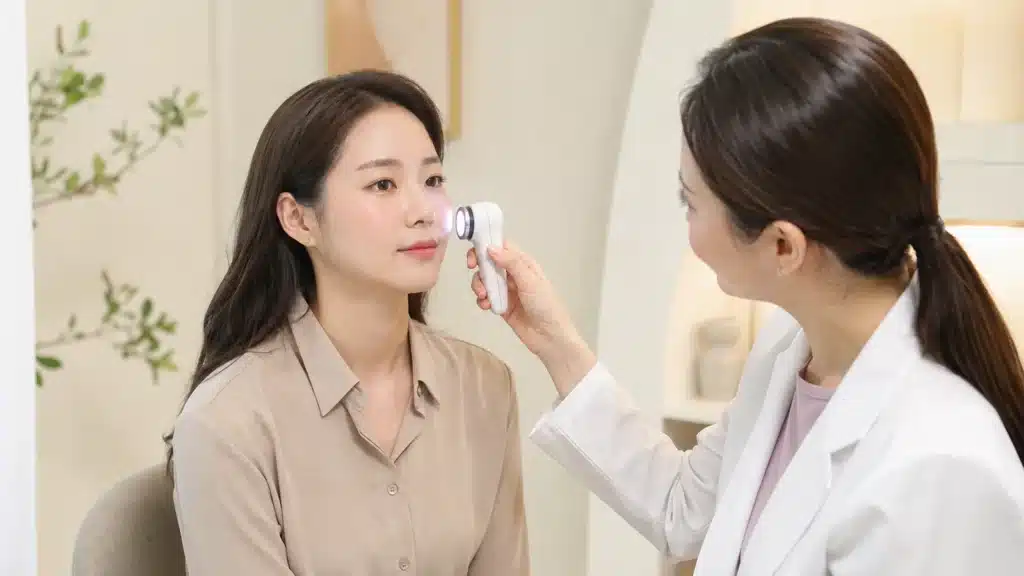 피부과에서 볼의 붉은기를 비접촉 기기로 확인받는 여성