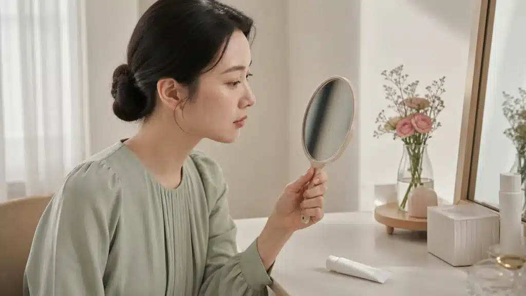 여드름 요철을 살피며 연고 사용 전 상태를 확인하는 여성
