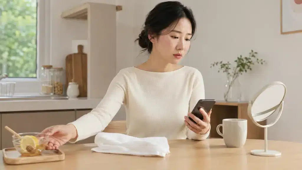 얼굴 염증에 민간요법을 쓰기 전 레몬과 꿀을 치워 두는 여성