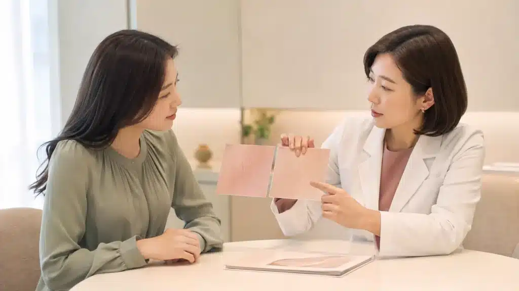 붉은 튼살과 흰 튼살의 차이를 피부과에서 상담받는 여성