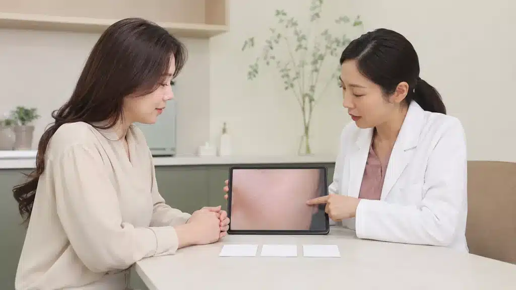 모공을 덜 보이게 하는 피부과 시술 접근을 상담받는 여성