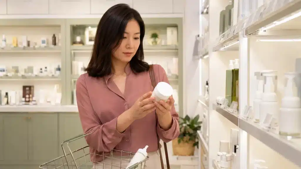 매장에서 피부 탄력 화장품의 사용 기준을 확인하는 여성