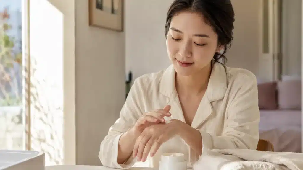 씻은 직후 촉촉한 손에 건조 피부 크림을 바르는 여성