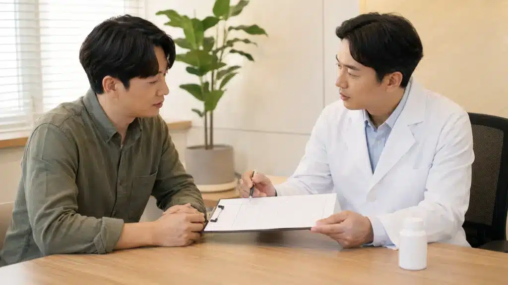 30대 체력 저하와 저테스토스테론 구분을 의사에게 상담받는 남성